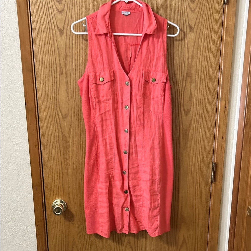 Coral Sleeveless Button-Down Dress